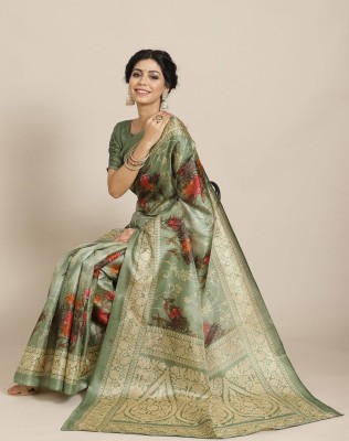 SIRIL Printed, Floral Print Banarasi Cotton Silk Saree(Green)