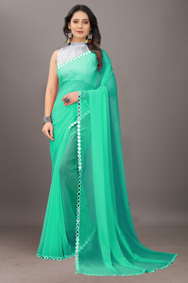Laddu creation Solid/Plain Bollywood Georgette, Silk Blend Saree(Green)
