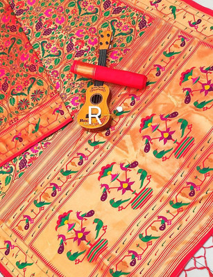 LeeliPeeri Designer Printed Paithani Silk Blend Saree(Red)