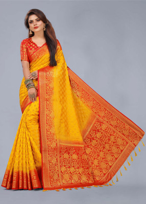 DHRUVIL TEXTILES Self Design Banarasi Cotton Silk Saree(Multicolor)