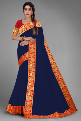 Volmina Solid/Plain Chanderi Cotton Blend Saree(Dark Blue)