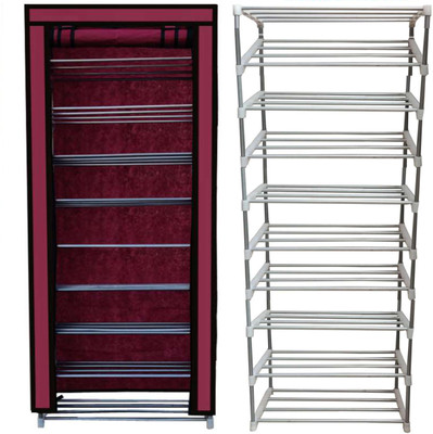 KOnline Metal 9 Tier Rack Shoe/Clothes/book stand Rack with cover -Mahroon Metal Collapsible Shoe Stand(Mahroon, 9 Shelves, DIY(Do-It-Yourself))