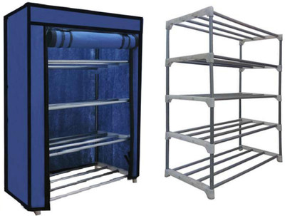 KOnline Metal 4 Tier Rack Shoe/Clothes/book stand Rack with cover -Blue Metal Collapsible Shoe Stand(Blue, 4 Shelves, DIY(Do-It-Yourself))