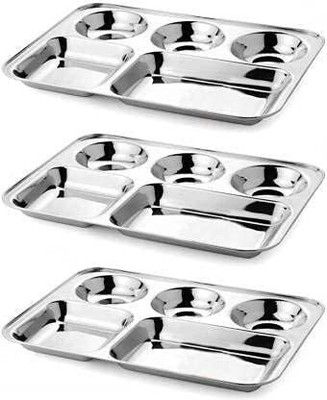Finetouch Pack of 3 Stainless Steel Dinner Plate/Bhojan Thali with Rectangle Compartments Dinner Set(Steel, Microwave Safe)