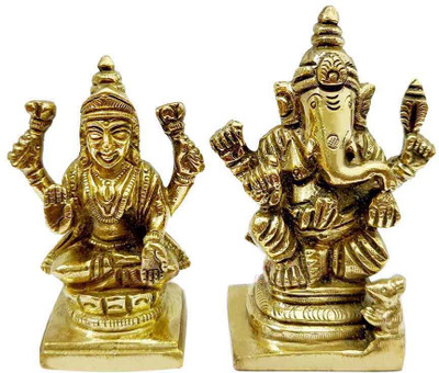 Om Pooja Shop BhagyaLakshmi Ganesh Brass Idol Decorative Showpiece  -  10 cm(Brass, Gold)