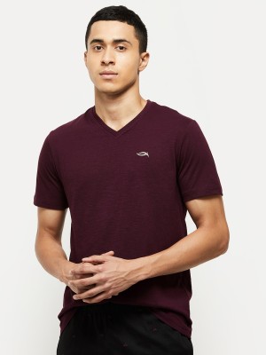 MAX Solid Men V Neck Purple T-Shirt