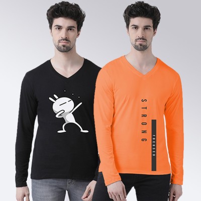 FBAR Printed Men V Neck Black, Orange T-Shirt
