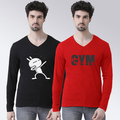 FBAR Printed Men V Neck Red, Black T-Shirt