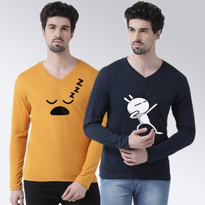 FBAR Printed Men V Neck Black, Orange T-Shirt