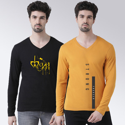FBAR Printed Men V Neck Black, Orange T-Shirt