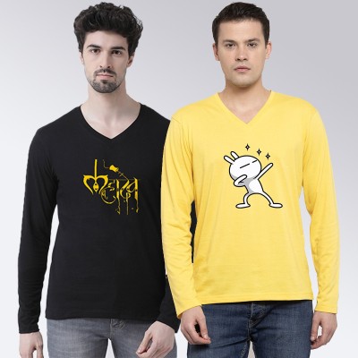 FBAR Printed Men V Neck Black, Yellow T-Shirt