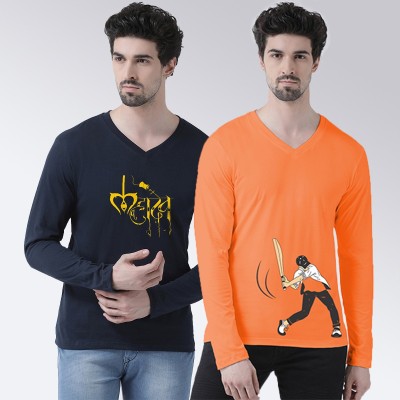 FBAR Printed Men V Neck Black, Orange T-Shirt