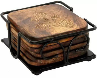 STUFFCOLLECTION Square Reversible Wood, Steel Coaster(Pack of 6)