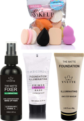 YVETTE FIXER SPRAY 100ml, PRIMER 50ml, FOUNDATION 60g, Sponge and Makeup Puff Pack(4 Items in the set)
