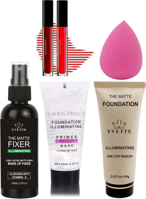YVETTE FIXER SPRAY 100ml, PRIMER 50ml, FOUNDATION 60g, Matte Liquid Lipstick [Red, Deep Maroon], Blender Spounge(5 Items in the set)