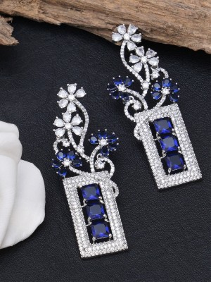 Karatcart Silver Tone Blue American Diamond Studded Drop Diamond Stone Drops & Danglers