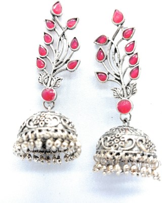 EPIC THE FASHION Silver Oxidized Leaf Design Jhumki Earrings Encrusted with Faux Stone Alloy Jhumki Earring