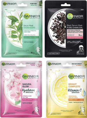 GARNIER Face Serum Sheet Mask (Bright Complete , Sakura , Rice Charcoal , Green Tea ) (112 g)