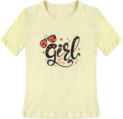 Eha Girls Typography Pure Cotton T Shirt(Beige, Pack of 1)