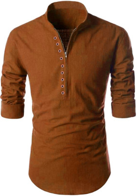DEEMOON Men Solid Straight Kurta(Orange)