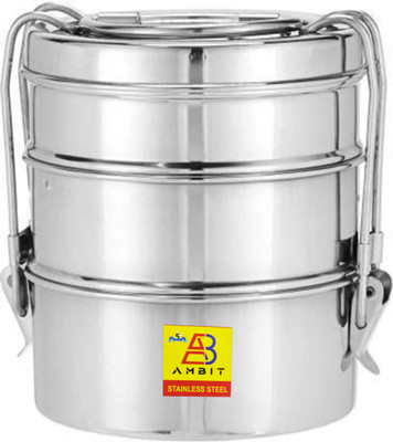 Ambit Multipurpose 3 Containers Steel Tiffin Box with Shiny Silver Finish 3 Containers Lunch Box(1000 ml)