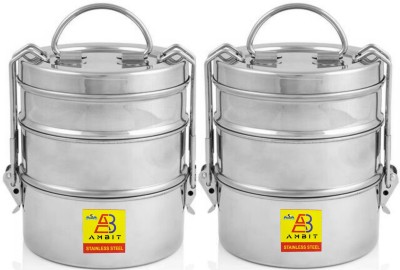 Ambit Stainless Steel Traditional Lunch Box, Clip Carrier 3 Containers pack of 2 3 Containers Lunch Box(1200 ml)