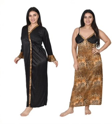 Fetify Women Nighty with Robe(Black, Orange)