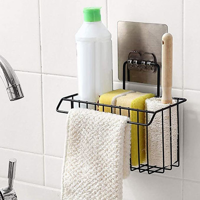 Aryamurti ARYAMURTI_sink Caddy Organizer Metal Iron Sponge Holder Rack Drain Rack Basket Iron Wall Shelf(Number of Shelves - 1, Black)