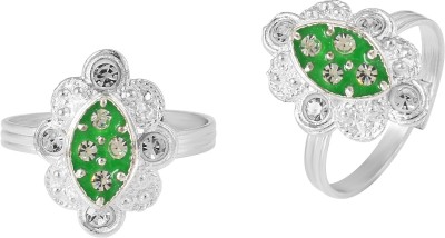 Admier Silver Plated Brass oval Shape CZ Studded Green meenakari Toering Brass Cubic Zirconia Silver Plated Toe Ring