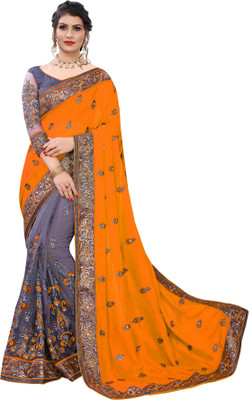 MURTHIRUPI Embroidered Bollywood Net Saree(Mustard)