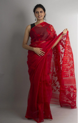 TRADITIONAL HOUSEE Embroidered Jamdani Cotton Silk Saree(Red)