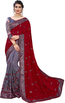 MURTHIRUPI Embroidered Bollywood Net Saree(Maroon)