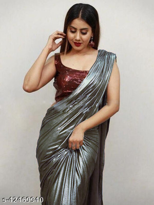 ShiVAdit Ethnic Solid/Plain Bollywood Lycra Blend Saree(Grey)