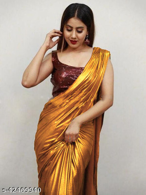 ShiVAdit Ethnic Solid/Plain Bollywood Lycra Blend Saree(Gold)