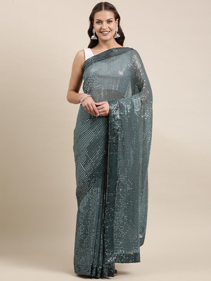 Granthva Fab Self Design, Embroidered, Embellished Bollywood Georgette Saree(Blue)