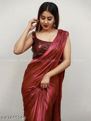 ShiVAdit Ethnic Solid/Plain Bollywood Lycra Blend Saree(Maroon)