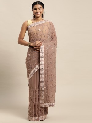 PRATHAM BLUE Embroidered, Embellished Bollywood Georgette Saree(Brown)