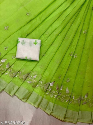 Quexle Embroidered Daily Wear Chanderi Saree(Green)