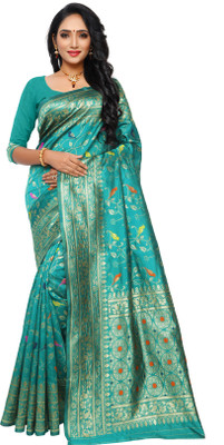 Ruhabs Woven Banarasi Silk Blend Saree(Light Blue)