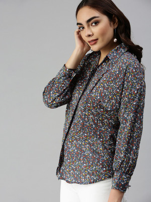 SHOWOFFFF Women Printed Casual Blue Shirt