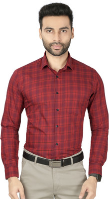 5TH ANFOLD Men Checkered Formal Red Shirt
