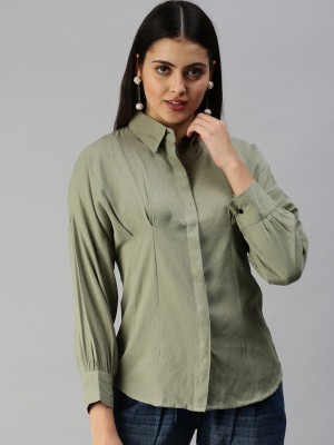 Showoff Women Solid Casual Dark Green Shirt