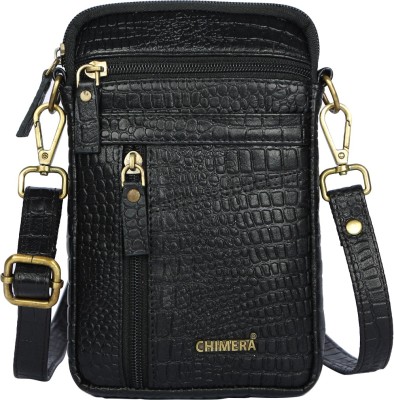 CHIMERA Black Sling Bag PureLeather Small Mobile Sling Bag | Waist Pouch | Croco Text unisex Black Color