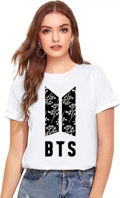 bts tees Girls Printed Polyester T Shirt(White, Pack of 1)