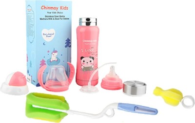 Chinmay Kids Multifunctional Stainless Steel Feeding Bottle With Bottle Cleaning Sponge Brush - 240 ml(Pink & Green)