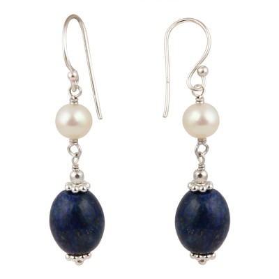 Pearlz Ocean Dyed Lapis Lazuli and White Freshwater Pearl 925 Silver Earrings Lapis Lazuli, Pearl Silver Drops & Danglers