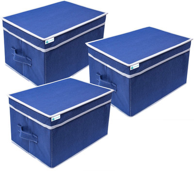 Unicrafts Storage Box Non woven Blue Storage Box for Clothes, Toy and File Organizer pack of 3 Blue Storage Box With Lid03(Blue)