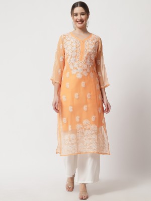 Ethnava Women Embroidered Straight Kurta(Orange)