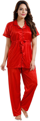 Qunity Women Solid Red Night Suit Set