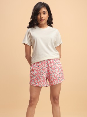 Goodbye Gravity Women Solid, Printed White, Pink Top & Shorts Set